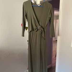 Olive Green Long Sleeve Flare Leg Jumpsuit